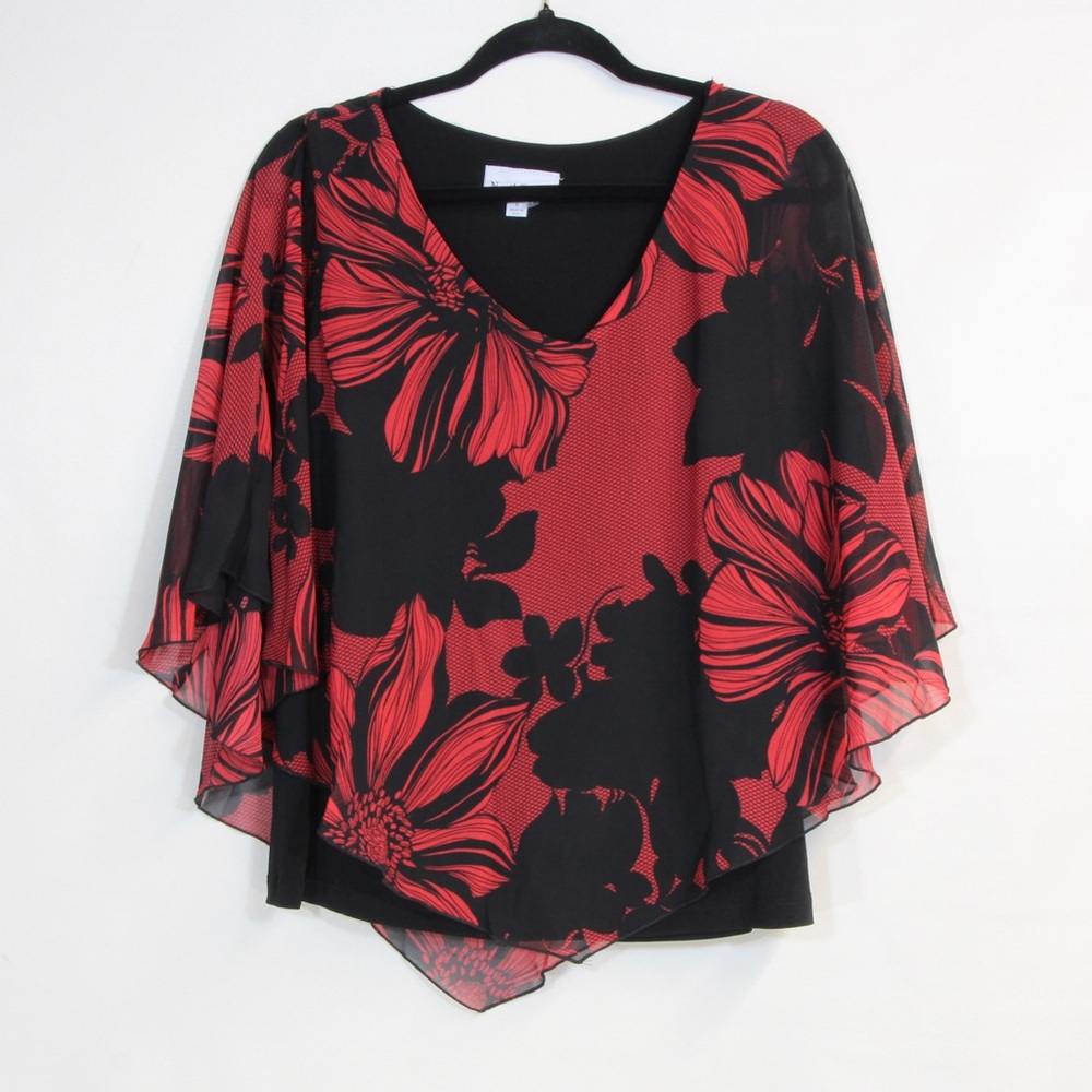 NorthStyle Womens' Red Black Floral Butterfly Chiffon Asymmetrical Blouse NWOT